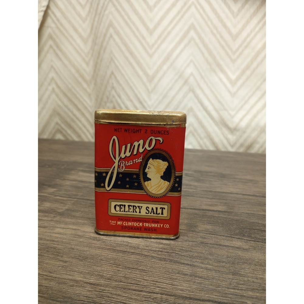 VINTAGE JUNO BRAND CELERY SALT SPICE TIN THE MC CLINTOCK-TRUNKEY CO, Spokane, Wa